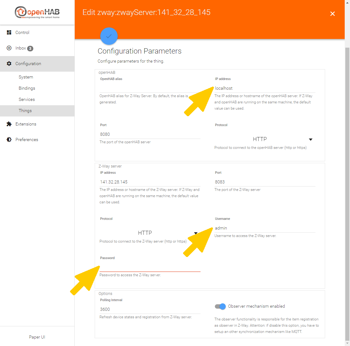 openHAB Thing settings