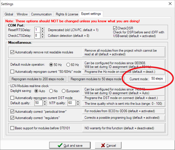 LCN-PRO screenshot, showing the 50 or 200 steps for the dimmer outputs